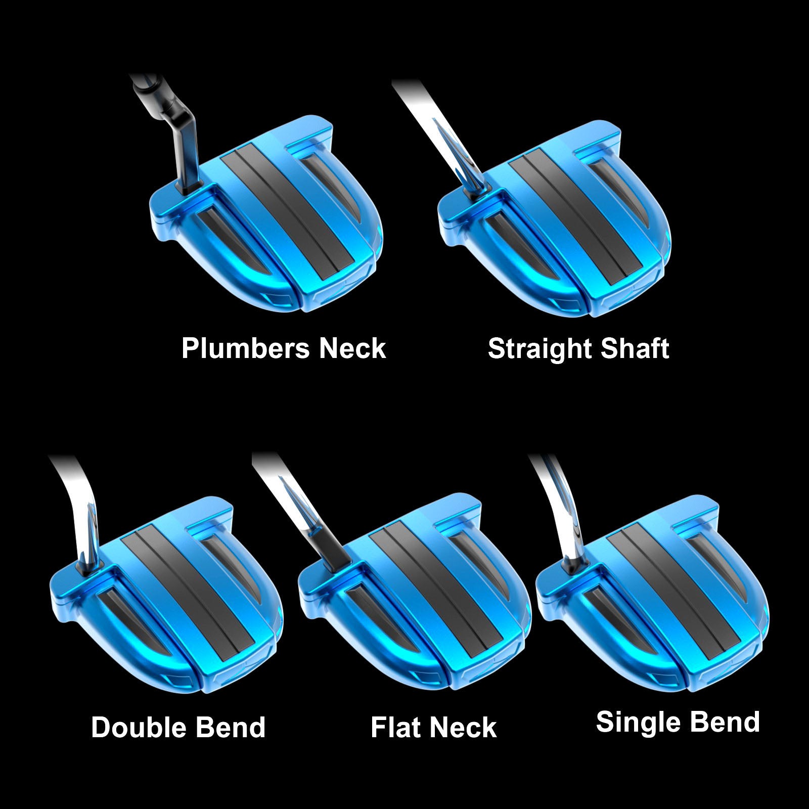 The Burke AI+55 blue putter Series is designed for the Purists,with 5 types of necks(Straight Shaft/Plumbers Neck/Double Bend/Single Bend/Flat Neck)