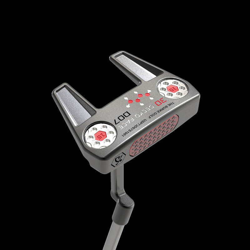 The Burke Gecko D07 Putter features a full-mallet design for enhanced stability, 100% CNC milling, and a 3D Multi-Material Face. It offers three neck styles—single bend, plumbers neck, and flat neck—allowing players to choose the best fit for their stroke.