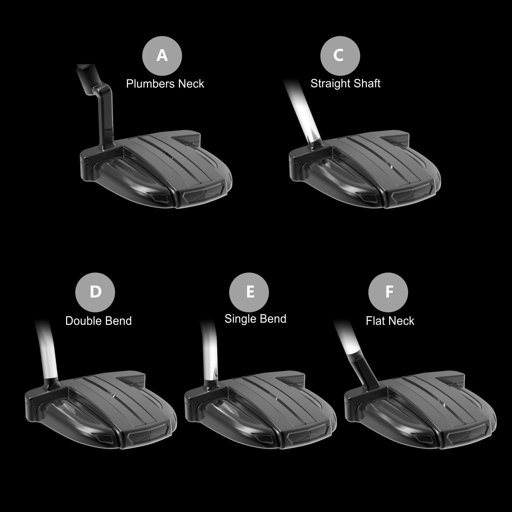 The Burke AI+55 black putter Series is designed for the Purists,with 5 types of necks(Straight Shaft/Plumbers Neck/Double Bend/Single Bend/Flat Neck)