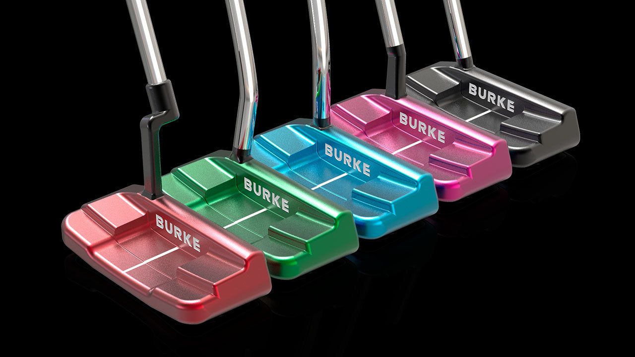 AI+ putter series with 5 colors (blue, red, pink, green, black) and 5 necks (Straight Shaft/Plumbers Neck/Double Bend/Single Bend/Flat Neck).